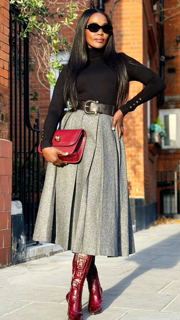 A Pleated Midi Skirt With a Fitted Sweater