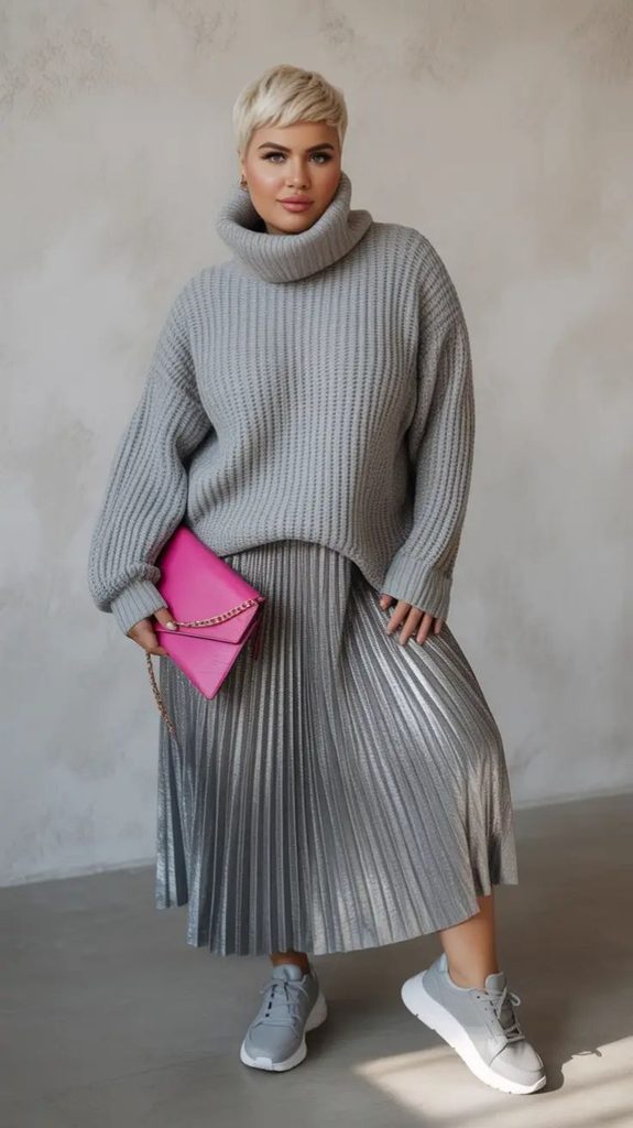 A Pleated Midi Skirt with a Chunky Knit Sweater