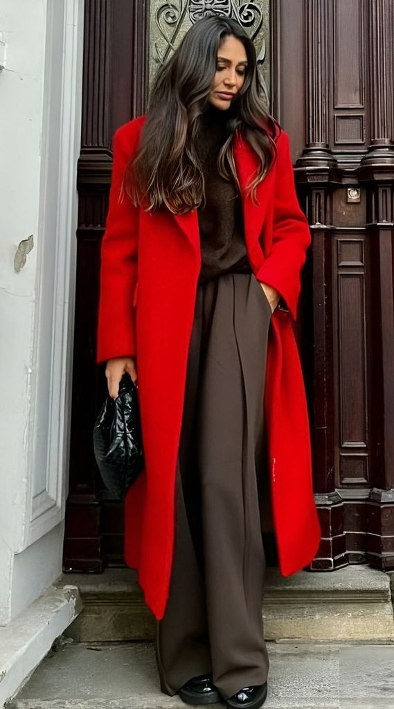 A Red Coat Over a Neutral Winter Outfit