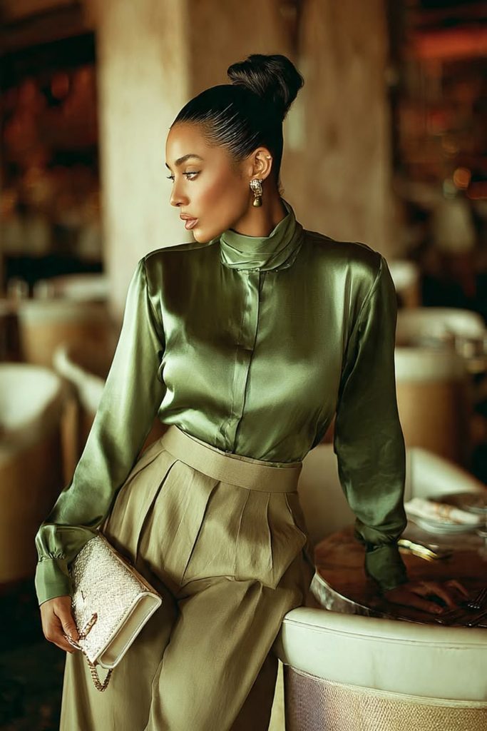 A Satin Blouse With High-Waisted Trousers