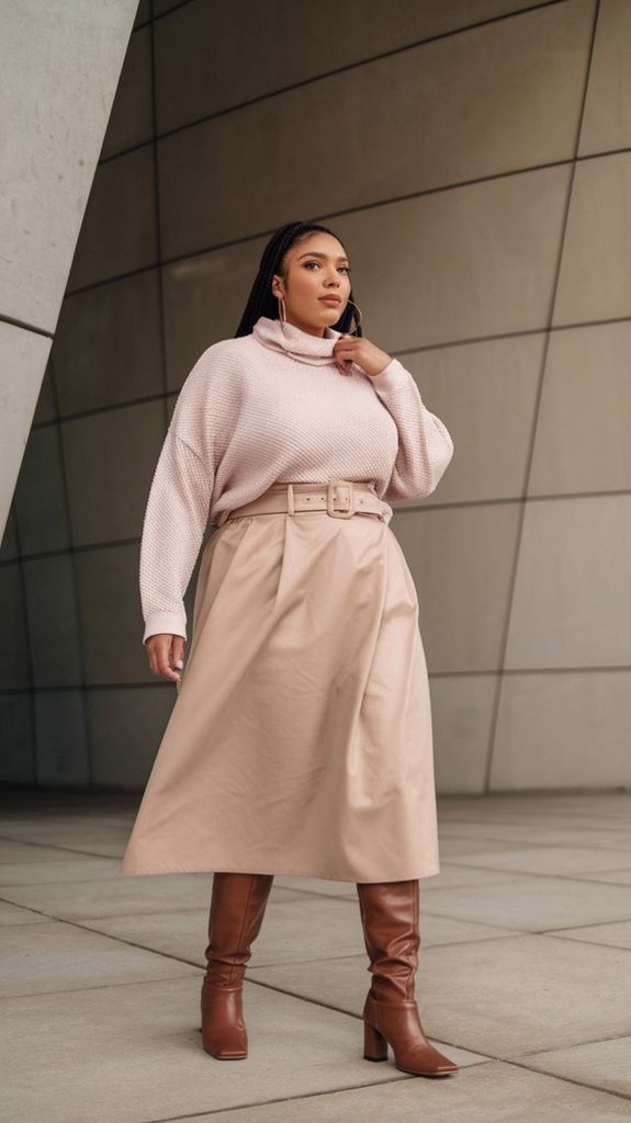 A Soft Pink Sweater With a Neutral Midi Skirt