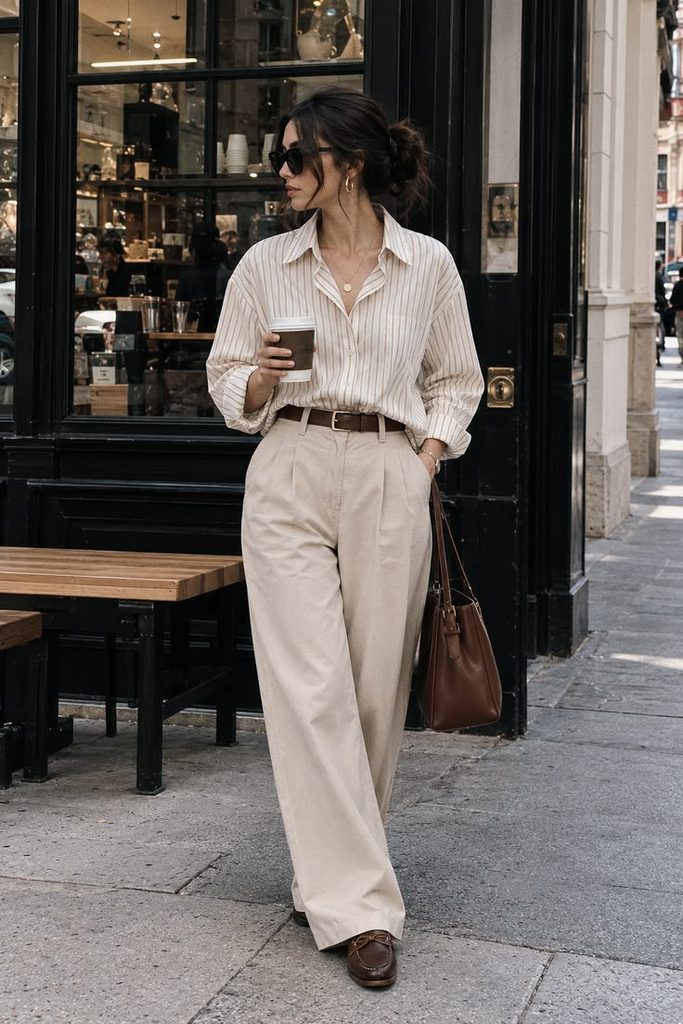 A Striped Button-Down Shirt With Cream Trousers