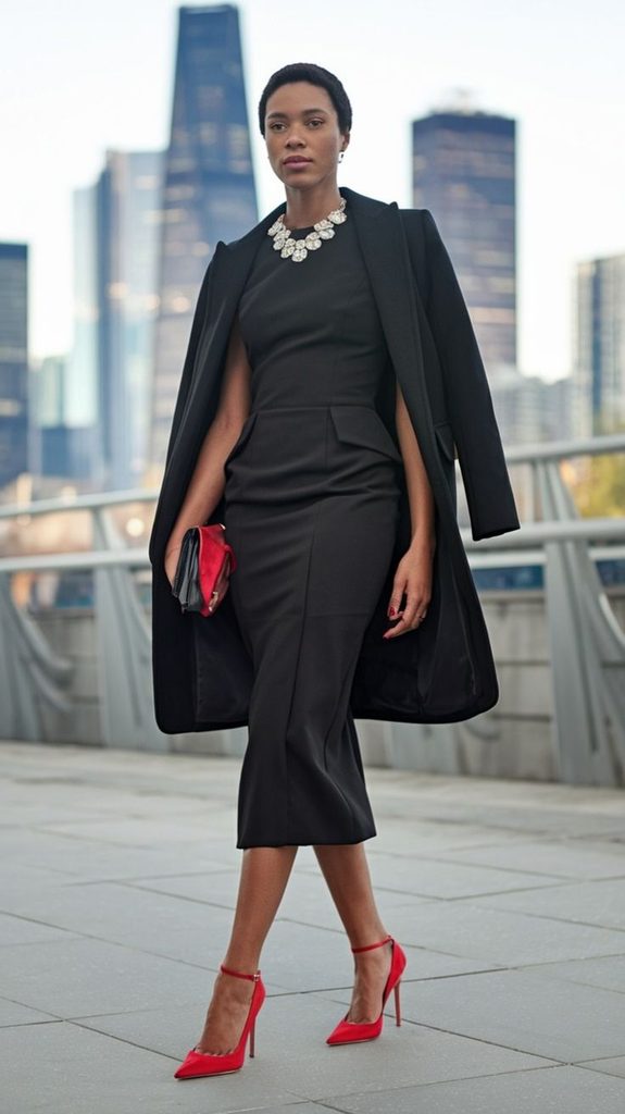 A Structured Black Dress With Classic Pumps