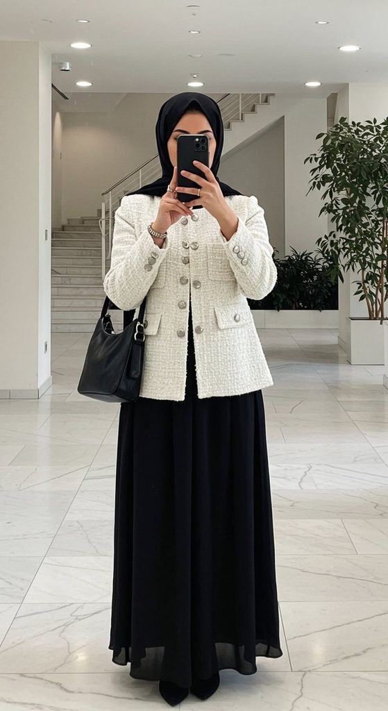 A Tweed Jacket With a Knit Dress or Skirt