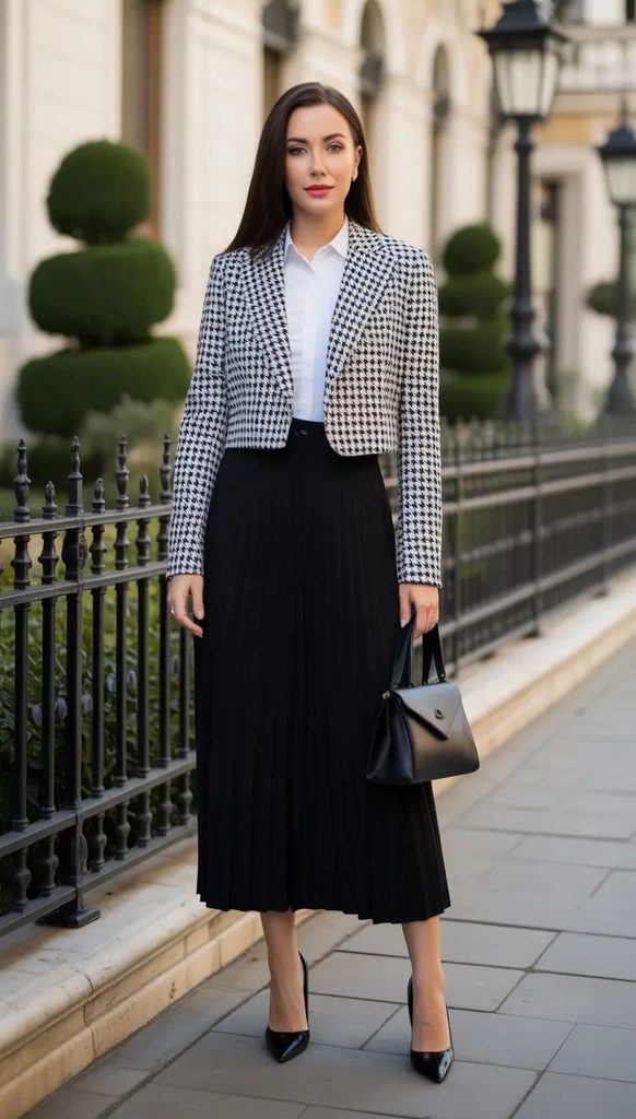 A Tweed Jacket With a Pleated Midi Skirt