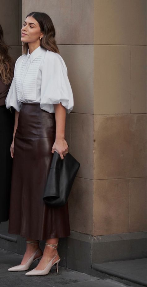 A White Blouse With a Chocolate Brown A-Line Skirt