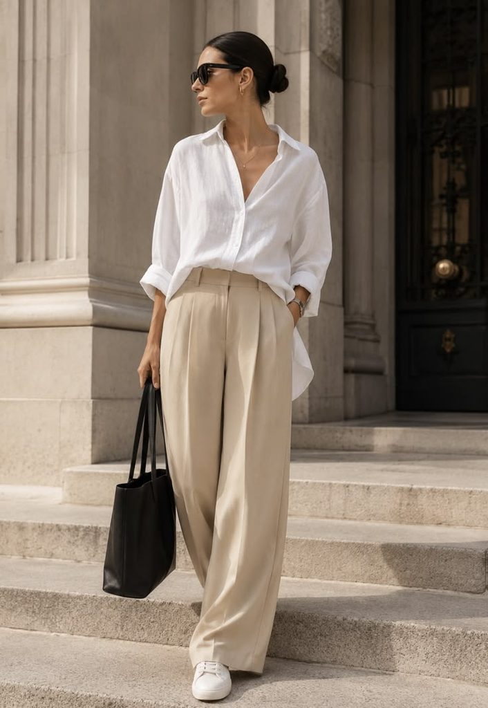 A White Linen Shirt With Beige Wide-Leg Trousers