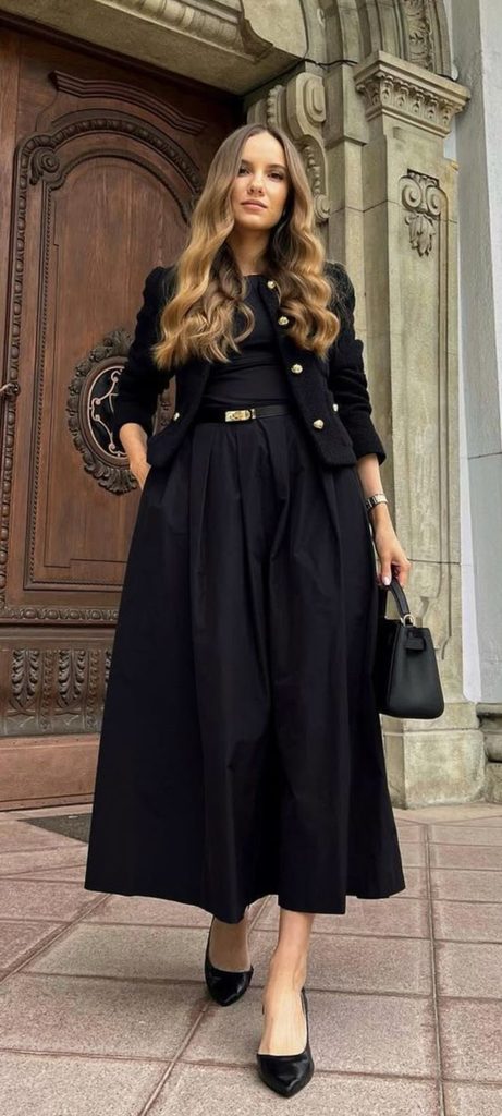 An Elegant Black Maxi Dress with a Pearl-Button Cardigan