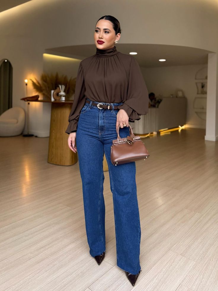 Brown Blouse With Wide-Leg Jeans