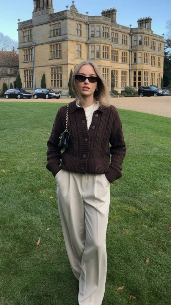 Brown Cardigan With Beige Trousers