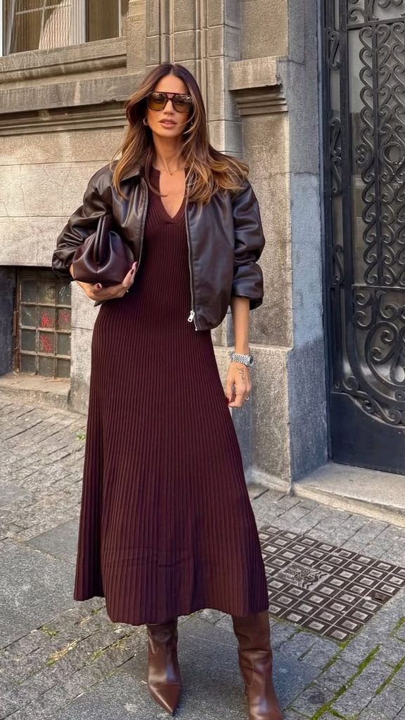  Brown Leather Jacket With a Feminine Dress