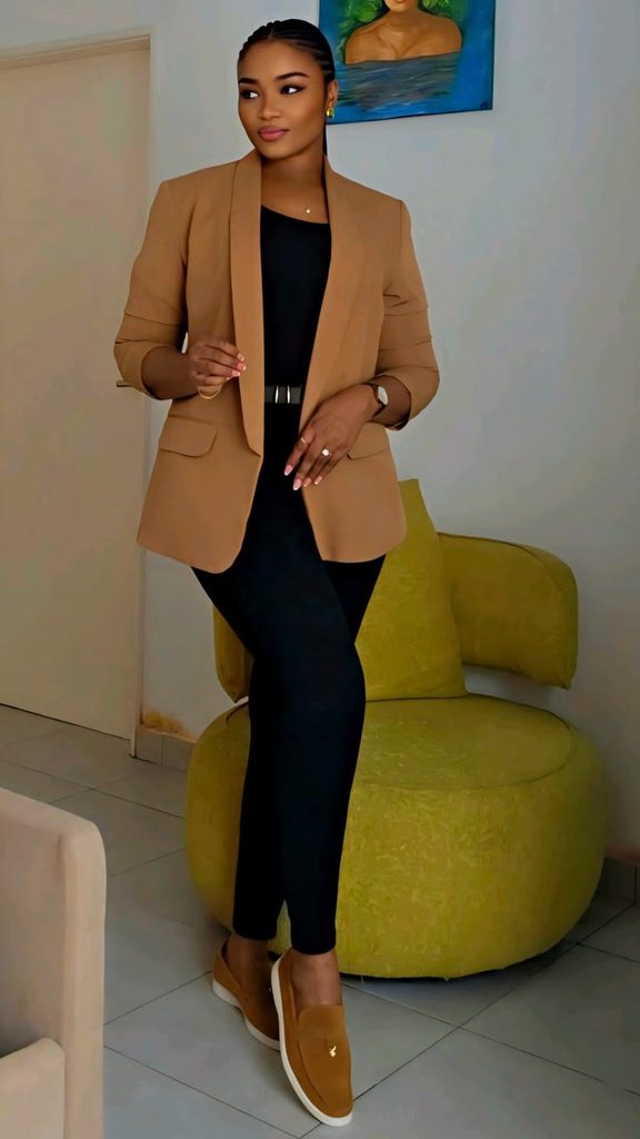 Camel Blazer With Black Trousers
