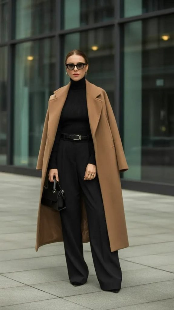 Camel Coat With an All-Black Outfit