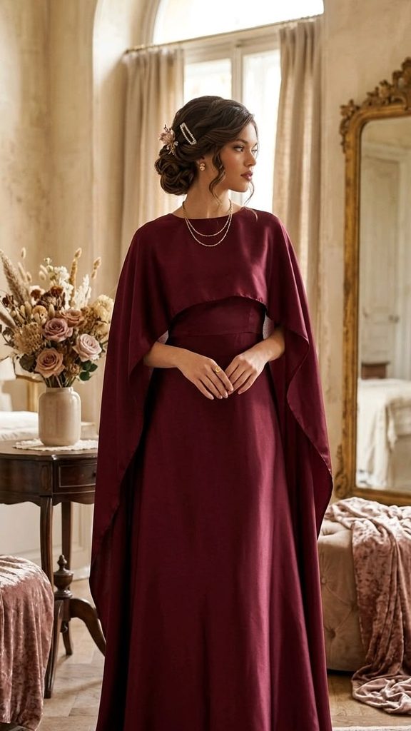 Cape-Sleeve Gown With Minimal Jewelry