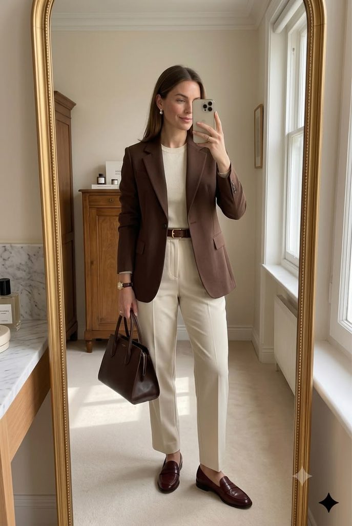 Chocolate Brown Blazer With Cream Trousers