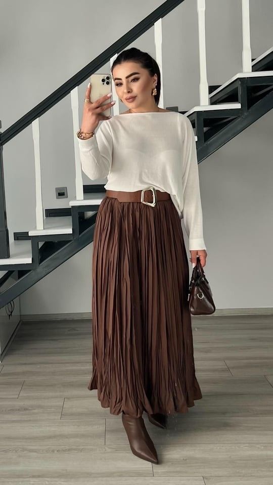 Chocolate Brown Maxi Skirt With a Cream Blouse