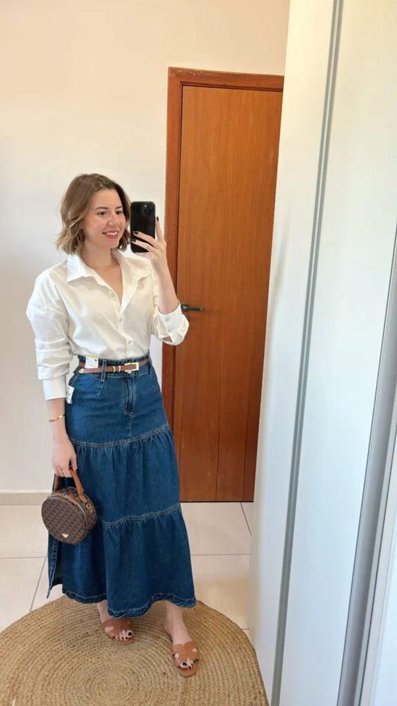 Denim Maxi Skirt With a Crisp White Shirt
