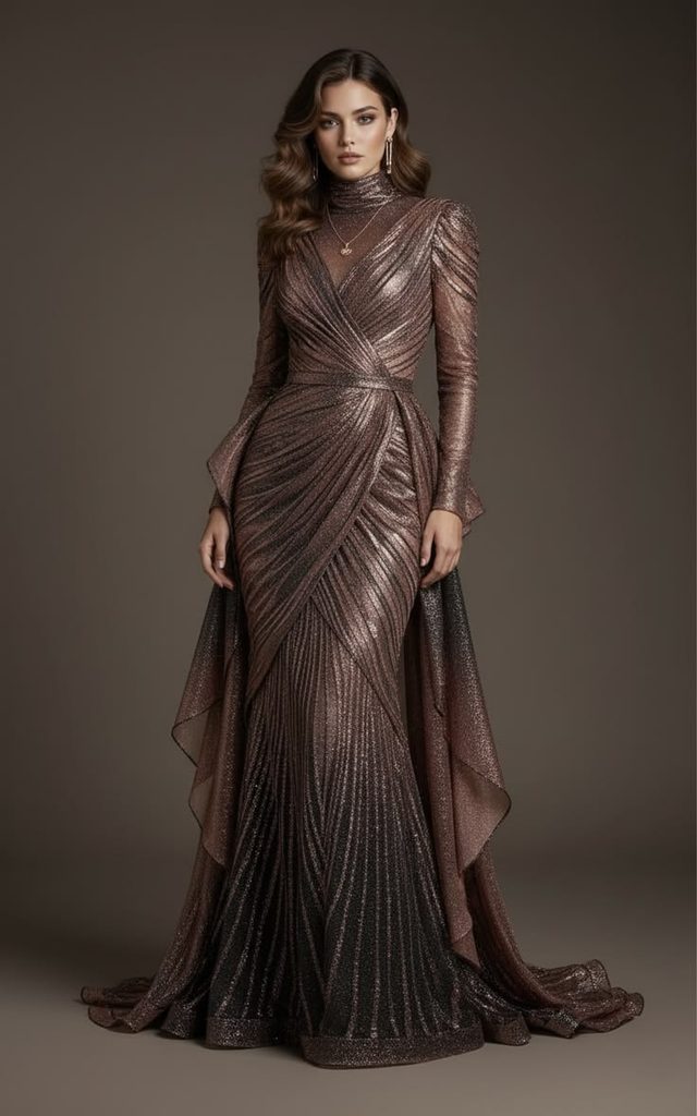  High-Neck Metallic Gown