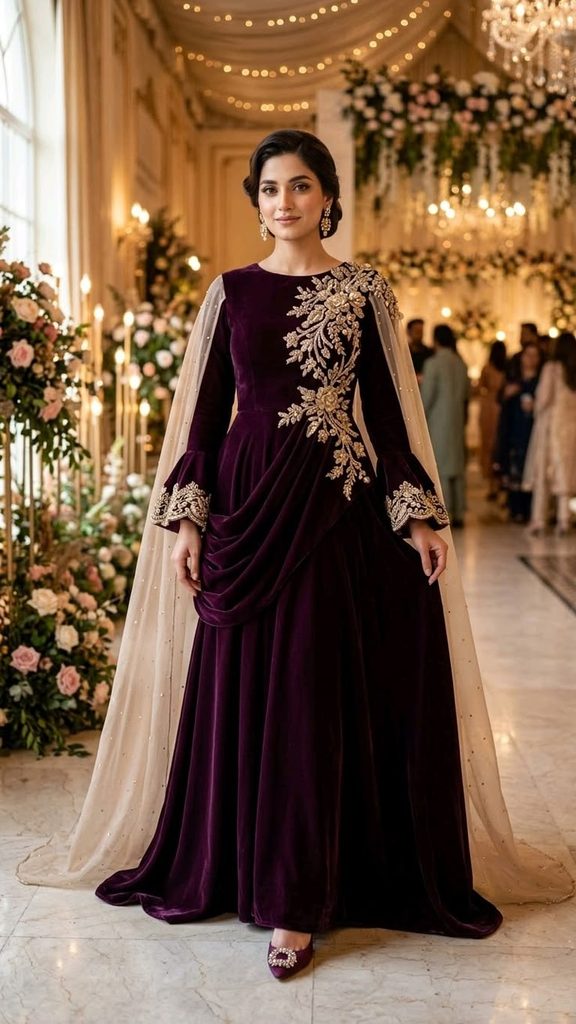 Modest Velvet Gown With Gold Accessories