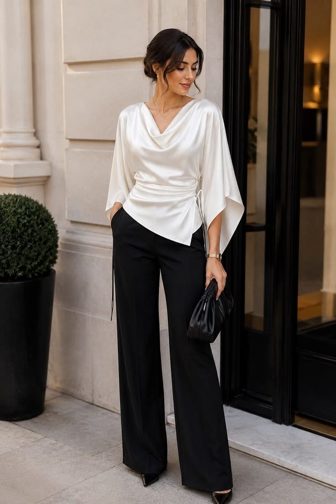 Satin Blouse With Tailored Trousers