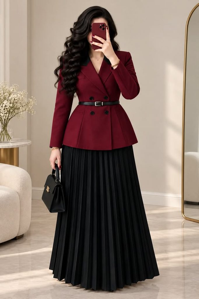 Structured Blazer With a Pleated Maxi Skirt