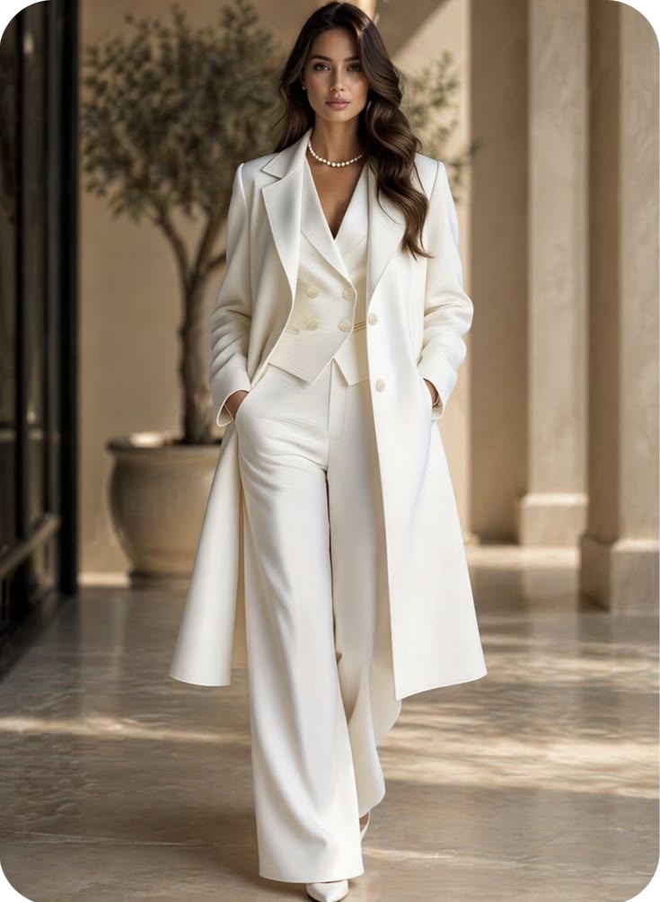 Tailored White Suit With Wide-Leg Trousers