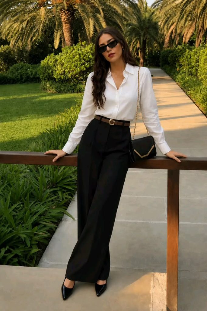  White Blouse and Tailored Black Trousers