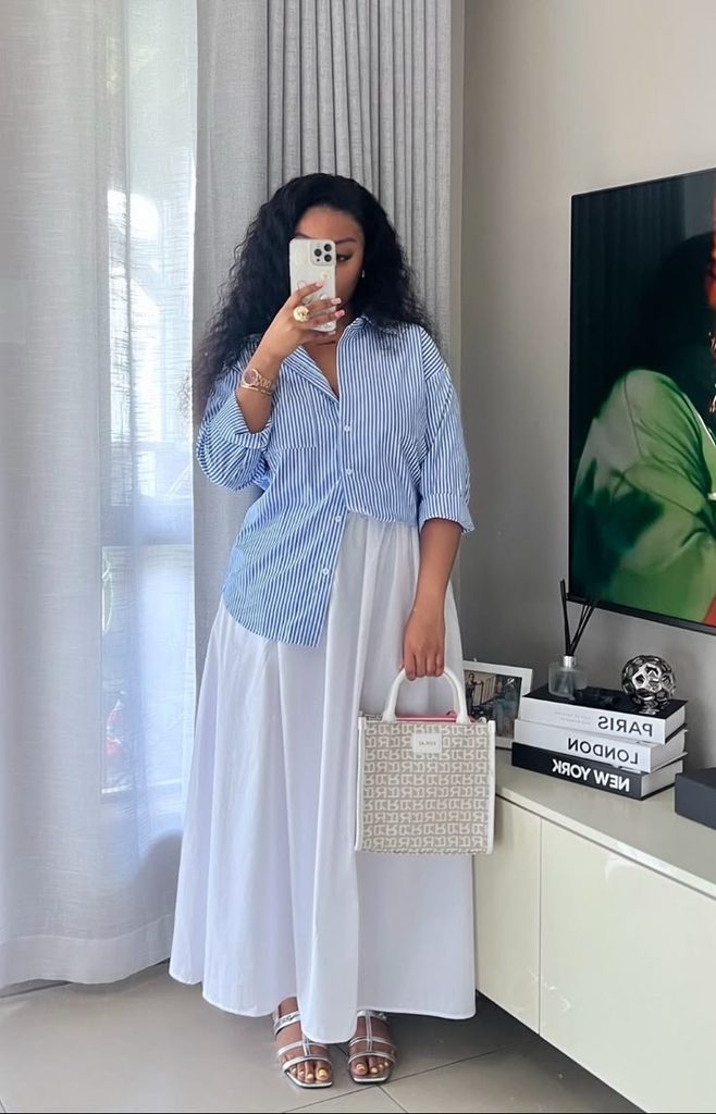 White Maxi Skirt With a Light Blue Shirt