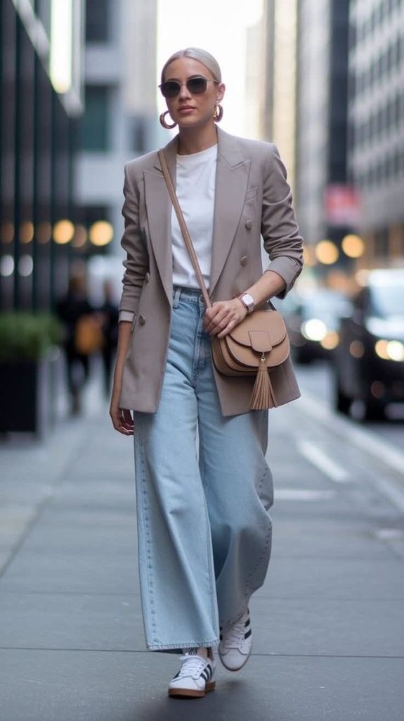 Wide-Leg Jeans With a Blazer and Sneakers