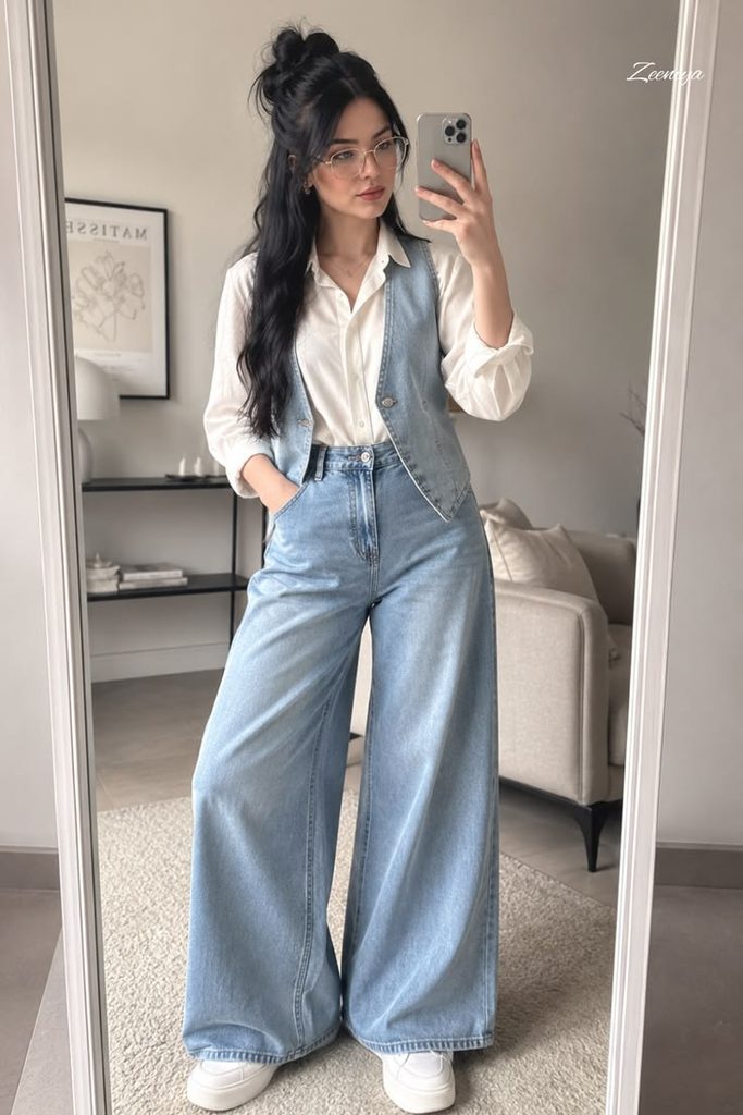 Wide-Leg Jeans With a Denim Jacket