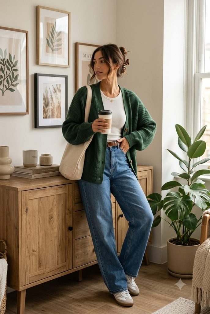 Wide-Leg Jeans With a Neutral Tank and Cardigan