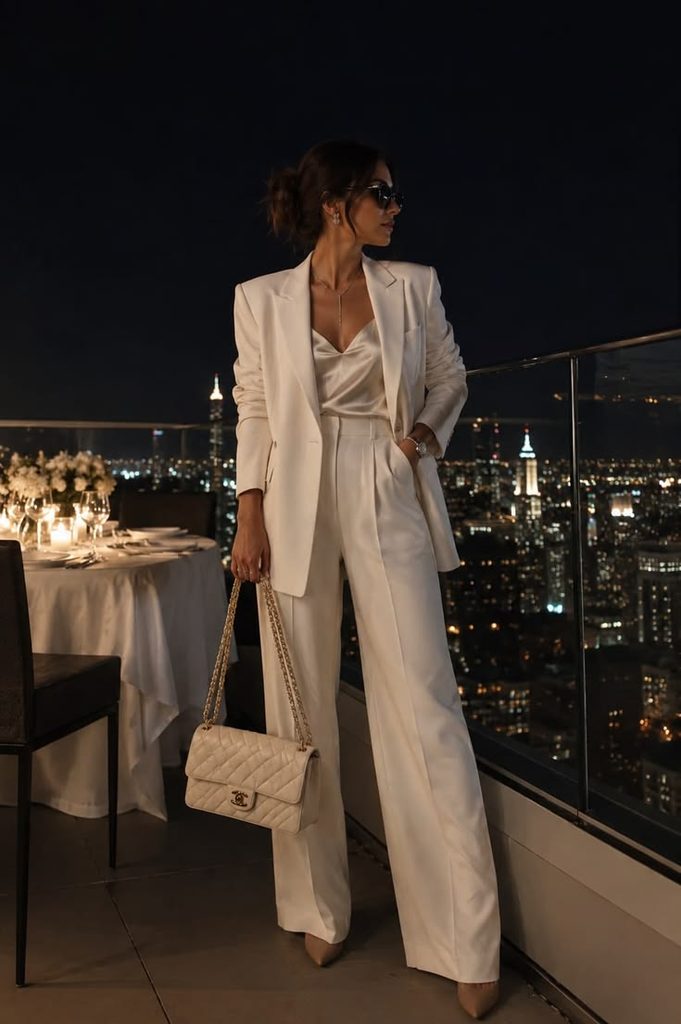 Wide-Leg Trousers With a Satin Camisole and Blazer